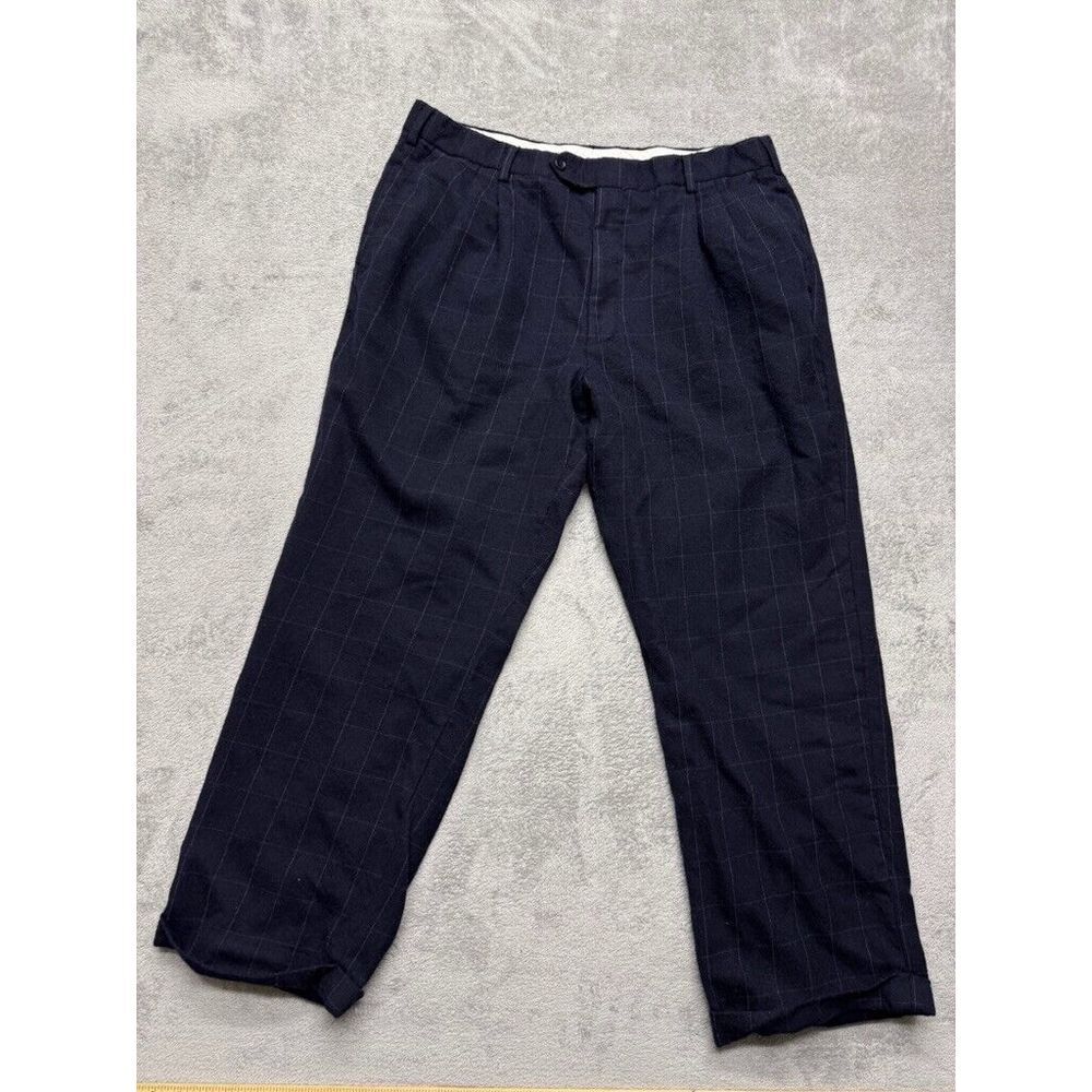 Paul Fredrick Wool Window Pane Pants Mens Navy Measured 35x29 Trouser